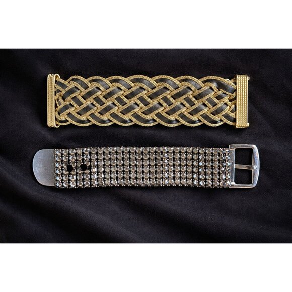 Set of 2 Vintage Magnetic Bracelets Gold Woven & Black Rhinestone Statement - Picture 2 of 9